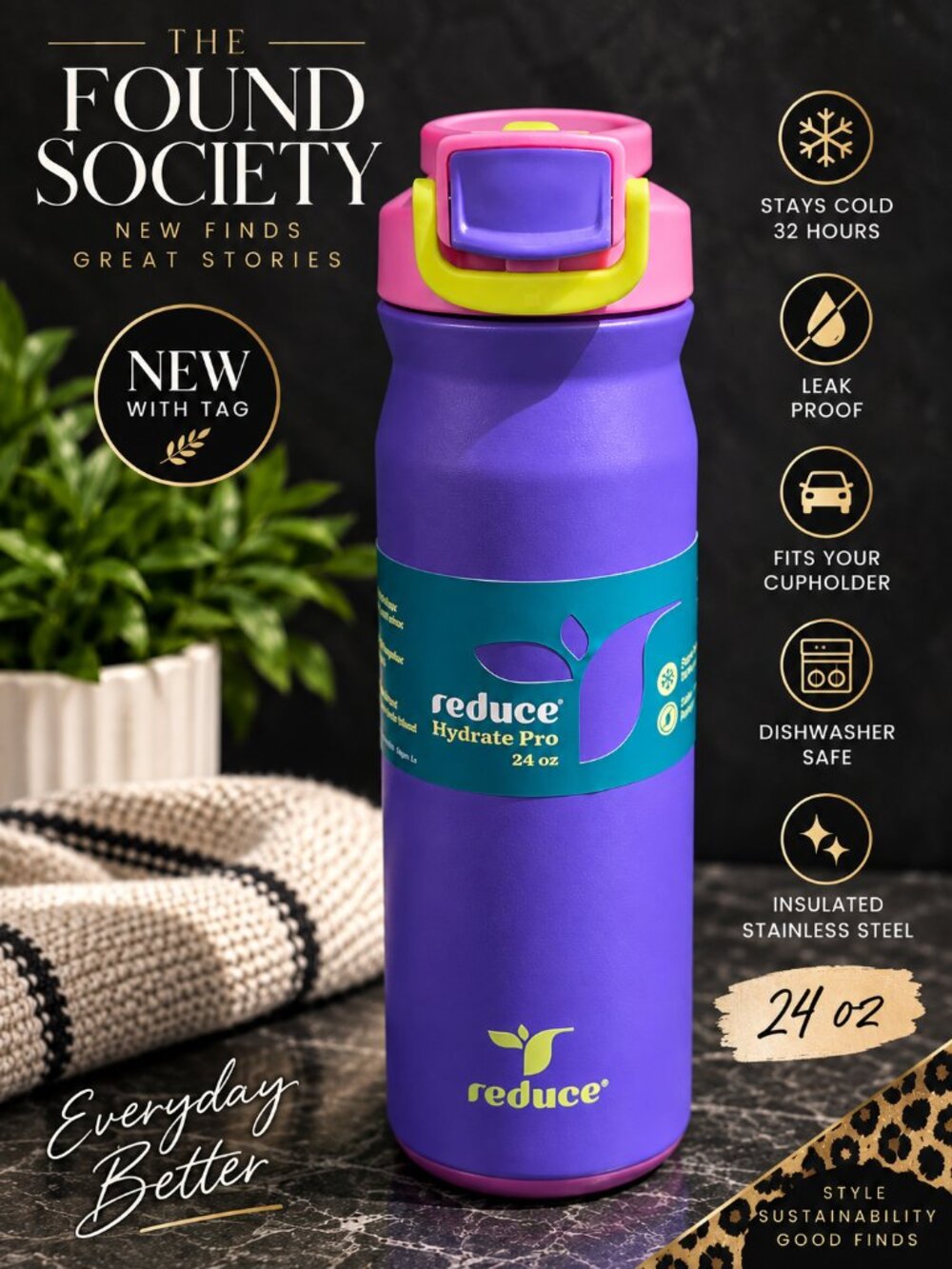 NWT Reduce Hydrate Pro 24 oz Purple Power Insulated Water Bottle